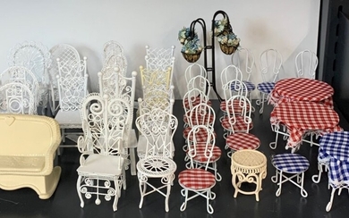 A quantity of painted metal garden furniture items.