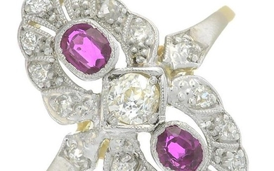 A ruby and diamond dress ring.Total ruby weight