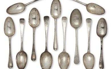 A set of four 18th century tablespoons, London, David Willaume (date marks rubbed), of old pattern design with drawbridge armorials to reverse of terminals, together with two matched 18th century Georgian tablespoons by a different maker, possibly...