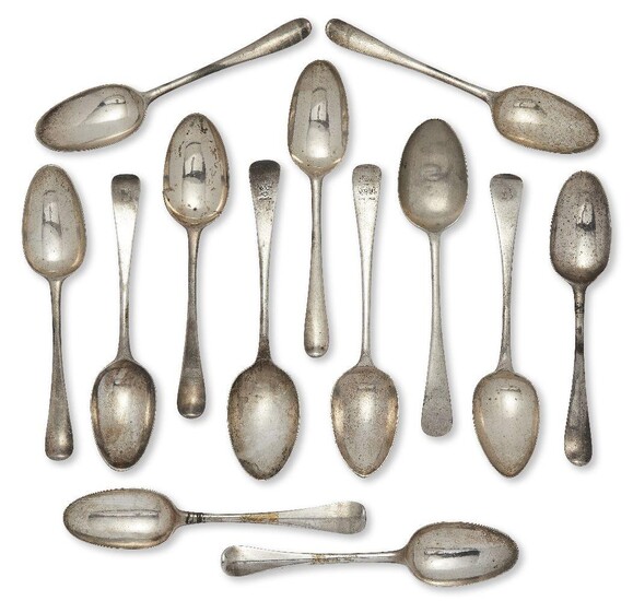 A set of four 18th century tablespoons, London, David Willaume (date marks rubbed), of old pattern design with drawbridge armorials to reverse of terminals, together with two matched 18th century Georgian tablespoons by a different maker, possibly...