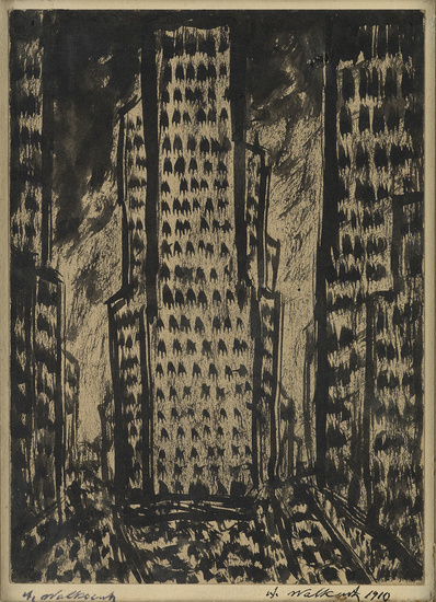 ABRAHAM WALKOWITZ Cityscape. Brush and ink on paper mounted on paper, 1910. 182x134...