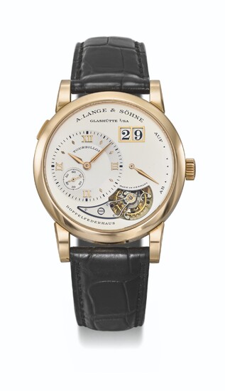 A.LANGE & SÖHNE. A VERY RARE 18K PINK GOLD LIMITED EDITION TOURBILLON WRISTWATCH WITH POWER RESERVE AND DATE