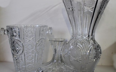 AMERICAN BRILLIANT CUT GLASS - CARAFE, VASE & ICE BUCKET 14" X 9 1/2" LARGEST