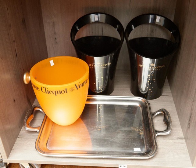 AN ALESSI TRAY AND A PAIR OF MOET & CHANDON AND VEUVE CLICQUOT ICE BUCKETS