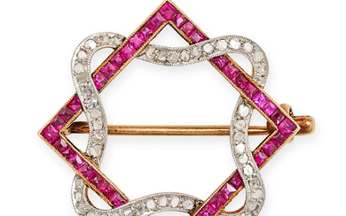AN ANTIQUE RUBY AND DIAMOND BROOCH in yellow gold, ...