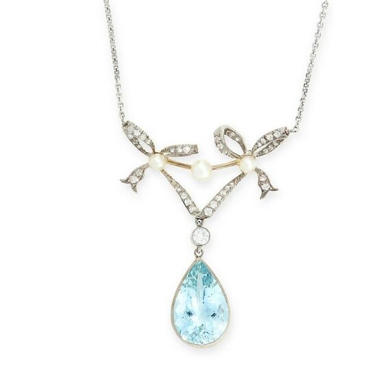AN AQUAMARINE AND DIAMOND PENDANT NECKLACE in yellow