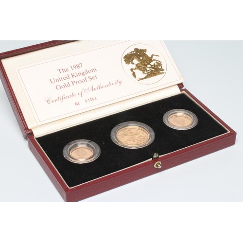 AN ELIZABETH II GOLD PROOF THREE COIN SET, 1987, comprising ...