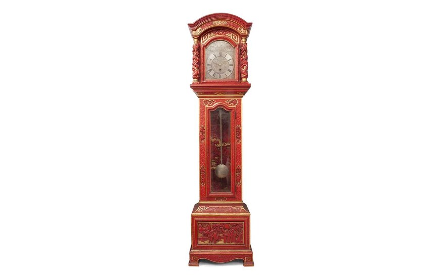 AN EXCEPTIONAL LATE 19TH CENTURY CHINESE CARVED AND RED LACQUERED LONGCASE CLOCK