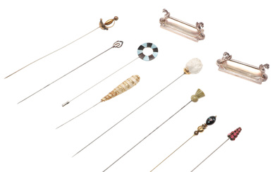 AN ITALIAN MICROMOSAIC SWORD HATPIN, A CHARLES HORNER SILVER HATPIN, AN IONA MARBLE THISTLE HATPIN AND OTHER HATPINS.