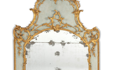 AN ITALIAN PARCEL-GILT AND BLUE-PAINTED OVERMANTEL MIRROR PROBABLY PIEDMONT, MID-18TH CENTURY