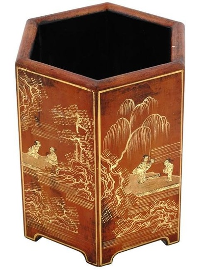 ANTIQUE 18TH C CHINESE GILT LACQUERED PEN HOLDER