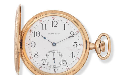 A.W.W. Co. Waltham, Mass. A 14K gold keyless wind full hunter pocket watch
