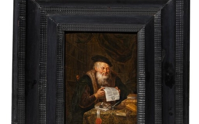 After Ferdinand Bol (1616-1680), a scholar at the lectern, 19thC, oil on panel, 23 x 29 cm