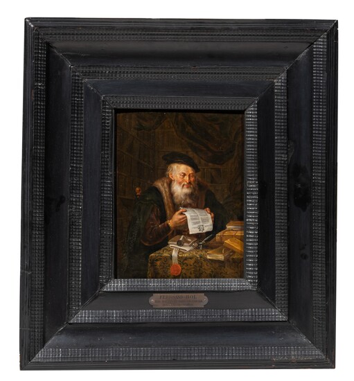 After Ferdinand Bol (1616-1680), a scholar at the lectern, 19thC, oil on panel, 23 x 29 cm