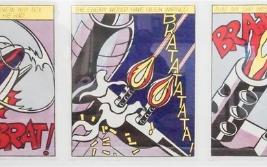 After Roy Lichtenstein (American 1923-1997), 'As I Opened Fire', Triptych, Offset Lithograph, Frame: 36 x 76 inches