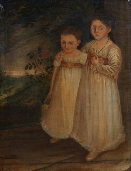 American School (19th century), Portrait of two young girls, oil on canvas, 44 3/4 x 34 1/2in (114.5 x 87.5cm)