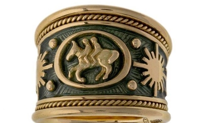 An 18ct gold, Gemini Zodiac 'Templar' ring, by Elizabeth Gage, of tapered design decorated with teal green enamel, signed Gage, British hallmarks for 18-carat gold, London, ring size L, max width 1.5cm, with Elizabeth Gage suede pouch