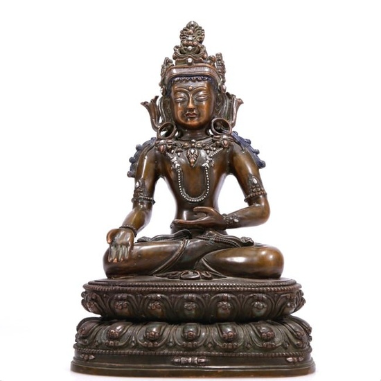 An Archaic Alloy-Copper Silver-Inlaid Figure Of Longevity Buddha With Inscriptions