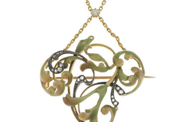 An Art Nouveau gold, vari-cut diamond and enamel brooch/pendant, with old-cut diamond accent chain.