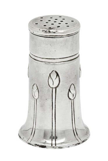 An Edwardian silver pepper pot by George Lawrence Connell, London, 1902, the cylindrical body designed with spreading foot and decorated with applied stems, the perforated cap associated, same date, maker William Hutton & Sons, 6.4cm high, approx...