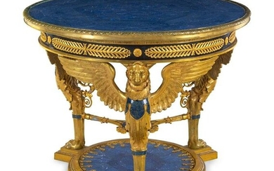 An Empire Style Gilt Bronze and Lapis Lazuli Veneered