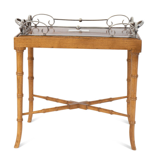 An English Silverplate Mounted Mahogany Tray on a Faux-Bamboo Stand