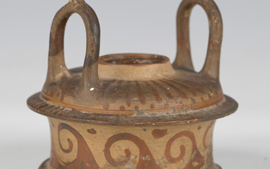 An ancient Greek earthenware pyxis type vessel, or lamp base, the twin-handled body with painted scr