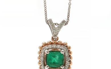An emerald and diamond pendant set with an emerald and numerous diamonds, mounted in 14k white and rose gold on a 14k white gold necklace. (2)