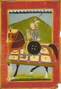 An equestrian portrait of a Rajput ruler...
