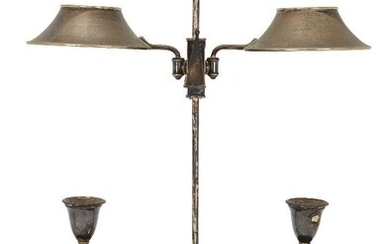 An old Sheffield plate reading lamp, 1st half 19th century, the two arms adjustable on the central column, with shades and two snuffers, 59cm high Provenance: with Hotspur Ltd, London, July 1979, Â£530.
