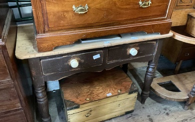 An old painted pine side table with two drawers, on...