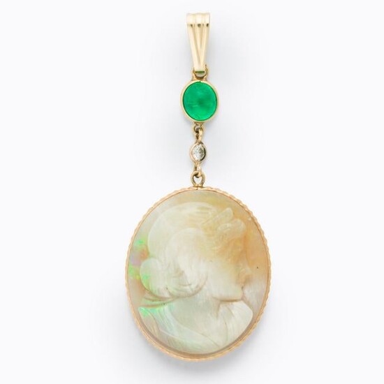 An opal, emerald, diamond and fourteen karat gold