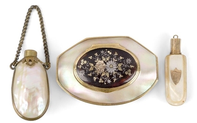 An oval gilt-metal mounted mother-of-pearl snuff box, 19th century, the hinged tortoiseshell cover with white metal and gilt floral pique work, 6.6cm wide; together with a gilt-metal mounted mother-of-pearl scent bottle and stopper, with inset gilt...