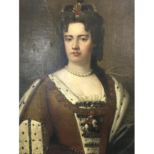 An unframed oil painting on canvas a portrait of Queen Anne....
