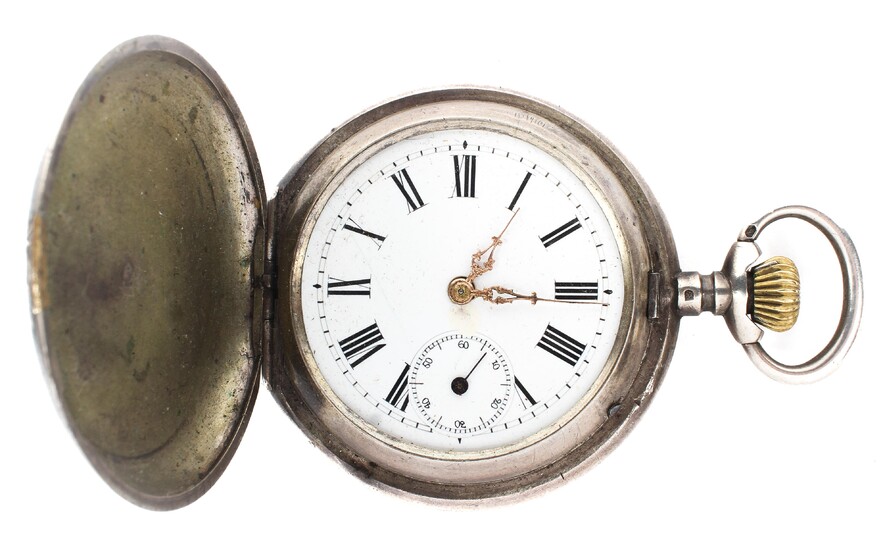An unusual white metal Niello detailed full hunter pocket watch