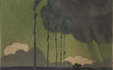 André GIROUX (1895-1965) La route par temps de pluie Huile sur carton, signée en bas...