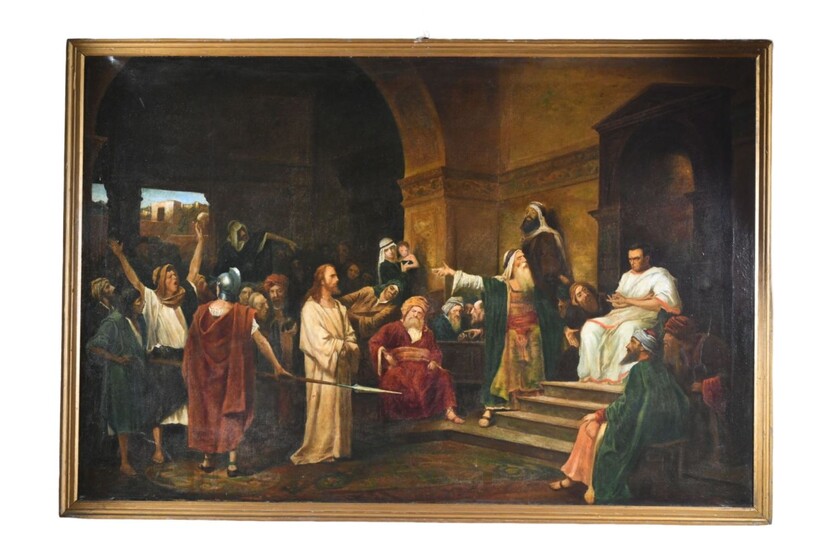 Antico dipinto olio su tela raffigurante Processo di Gesù in cui egli viene portato davanti al governatore romano Ponzio Pilato, epoca XVIII, CM 104X158