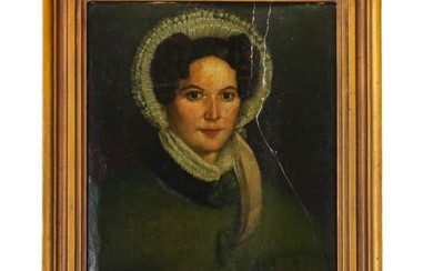 Antique 19th C Oil Painting Portrait Woman Bonnet