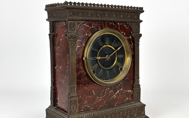 Antique 19thC French Cast Iron and Grain Painted Faux Marble Mantel Clock