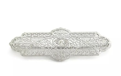 Antique Art Deco Diamond Filigree Long Brooch Pin 14K White Gold, 3.79 Grams