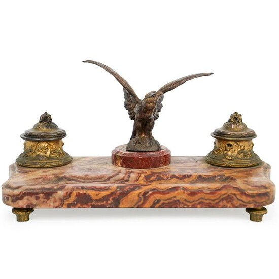 Antique Bronze and Marble Eagle Inkwell