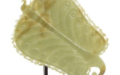 Antique Chinese Carved Jade Fan with Stand
