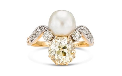 Antique Fancy Light Yellow Diamond and Pearl Ring