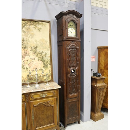 Antique French tall comtoise longcase clock, has pendulum an...