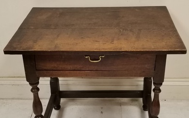 Antique oak side table with single frieze drawer, on turned ...