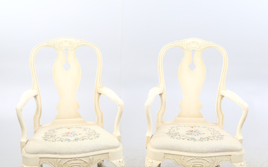 Armchairs, a pair, rococo style with embroidery.