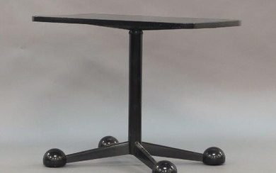 Arredamenti Allegri Parma, a black lacquered steel and glazed coffee table, c.1985, the rounded rectangular top inset with tinted glass, on cylindrical support to quadripartite base and castors, 55cm high, 70cm wide, 42cm deep