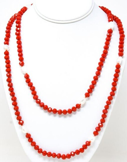 Art Deco Style Ruby Red & Baroque Pearl Necklace
