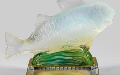 Art Déco-Tischlampe mit Goldfisch-Glasskulptur von Sabino