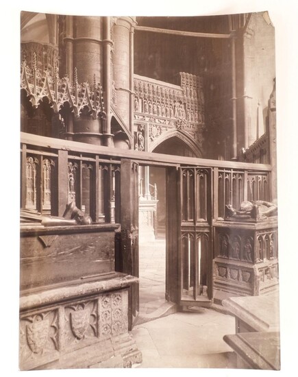 Attributed to Frederick Henry Evans, British 1853-1945- A group of nine photographs illustrating Westminster Abbey, including the Lady Chapel, tombs, monuments and architectural details, albumen prints, unframed, each inscribed 'Westminster Abbey'...